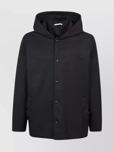 Valentino V-neck Hooded Jacket With Side Pockets In Black