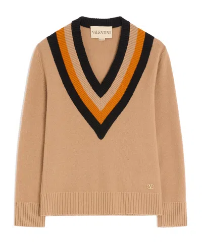 Valentino V-neck Stripe-detail Sweater In Brown