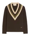 Valentino Virgin Wool Contrast V-neck Sweater In Brown