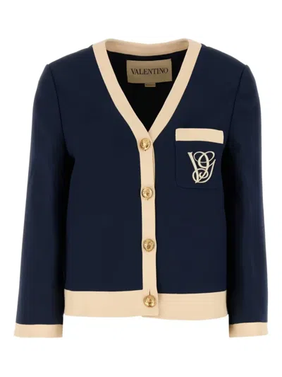 Valentino V-neck Monogram-detail Blazer In Blue