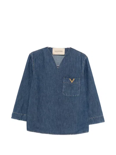 Valentino Long Sleeve V-neck Cotton Shirt With Front Pocket In Blue