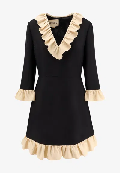 Valentino V-neck Ruffled Mini Dress In Black
