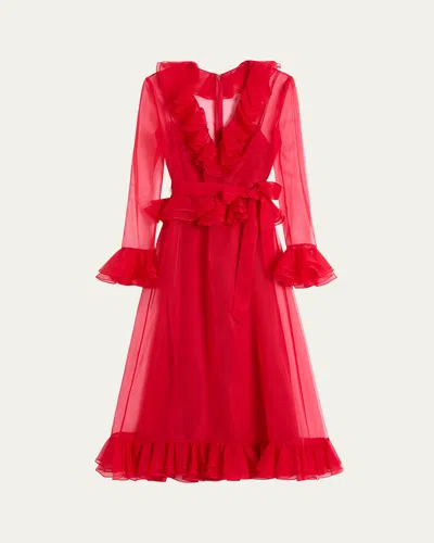 Valentino Womens Paris V-neck Ruffle-trim Silk Midi Dress In Red