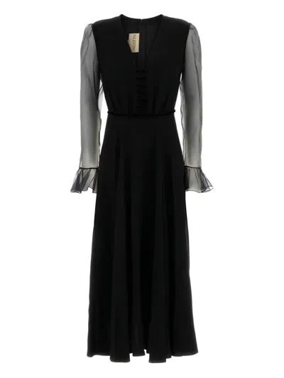 Valentino Womens Nero Bow-embellished V-neck Silk Midi Dress In Black