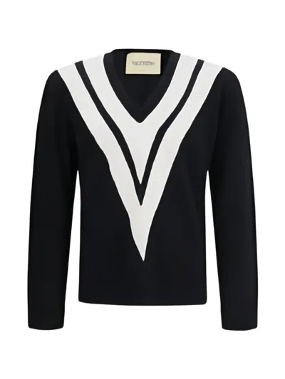 Valentino Sweater In Virgin Wool With Intarsia V Detail In Black