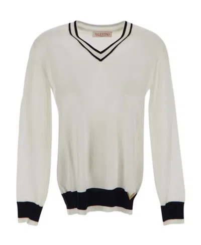 Valentino V-neck Virgin Wool Jumper In White