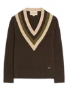 Valentino Virgin Wool Contrast V-neck Sweater In Brown