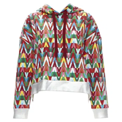 Pre-owned Valentino V Optical Graphic Logo Silver Foil Oversized Cropped Cotton Hoodie S