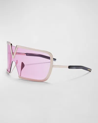 Valentino V Romask Titanium & Acetate Shield Sunglasses In Gld-blk