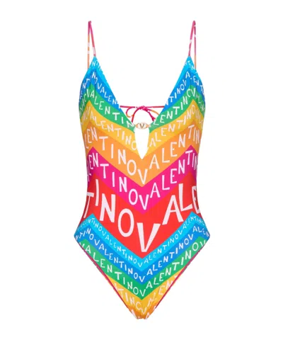 Valentino Chevron Lycra 24 One-piece Swimsuit Woman Multicolour L In Neutral