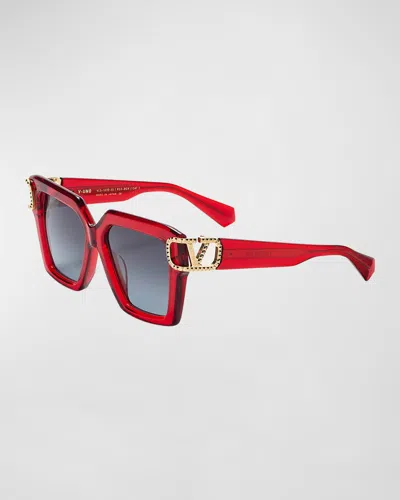 Valentino V-uno Acetate Rectangle Sunglasses In Red