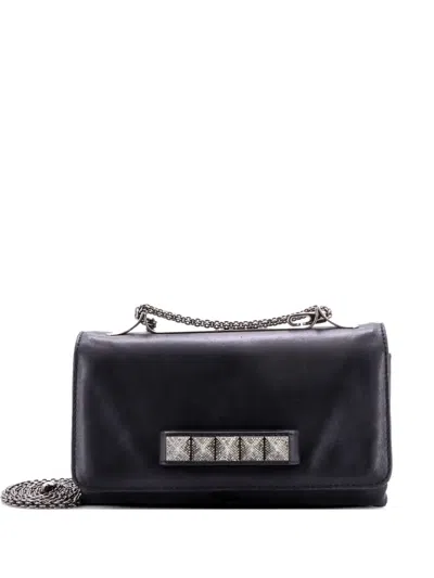 Pre-owned Valentino Garavani Va Va Voom Crystal Studs Leather Medium Clutch Bag In Black