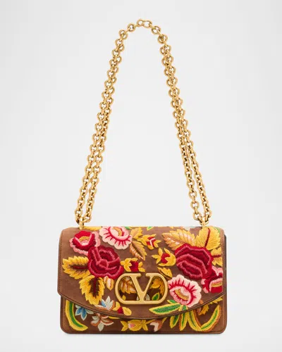 Valentino Garavani Vain Medium Floral-embroidered Suede Shoulder Bag