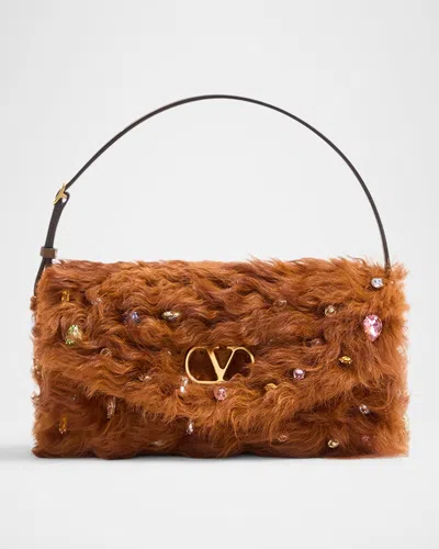 Valentino Garavani Vain Strass Fuzzy Shearling Shoulder Bag In Brown