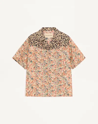 Valentino Bowling Shirt In Silk Poplin With Fauve Eclat Animalier And Papier Floral Prints In Orange
