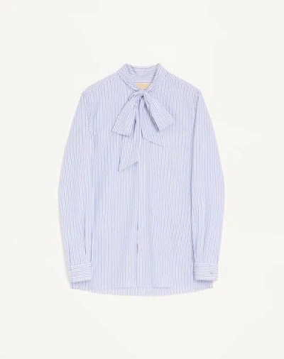 Valentino Cotton Poplin Shirt With Scarf Collar And Vlogo Embroidery In Blue