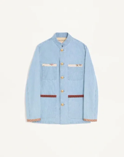 Valentino Denim Safari Jacket With Printed Edges In Blue
