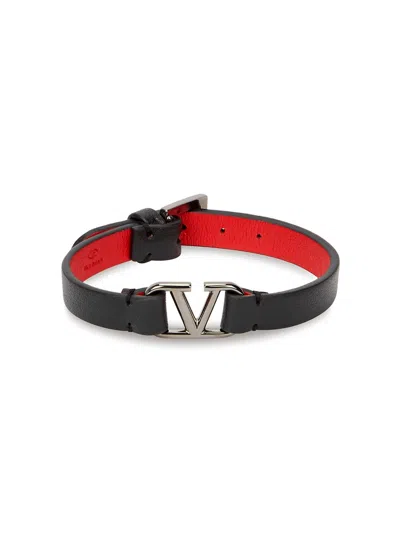 Valentino Garavani Valentino  Vlogo Black Leather Bracelet In Black And Red