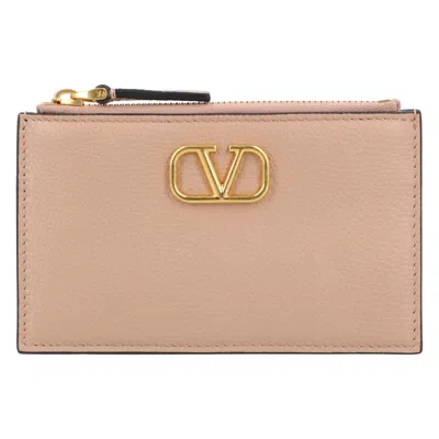 Valentino Garavani Valentino Valentino Leather Zip Cardholder With V Logo Plaque In Neutral