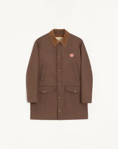 Valentino Waxed Cotton Coat With Vlogo Patch In Brown