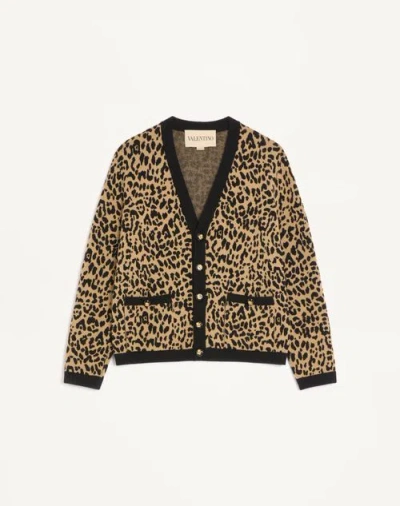 Valentino Wool Cardigan With Fauve Eclat Animal Print Jacquard In Neutral