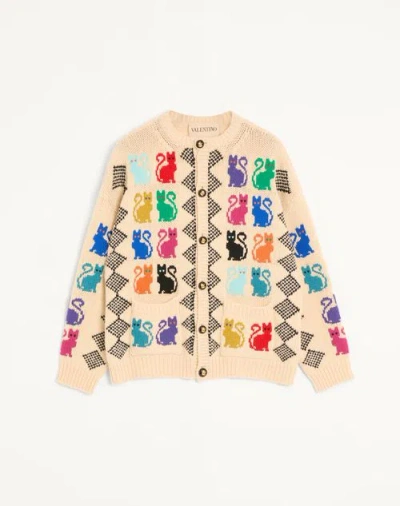 Valentino Wool Cardigan With Le Chat De La Maison Jacquard Pattern In Nude