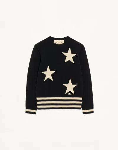 Valentino Wool Crew-neck Sweater With Star Motif And Vlogo Embroidery In Black