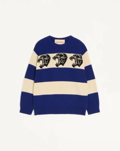Valentino Wool Jumper With Jacquard Panther Pattern In Blue