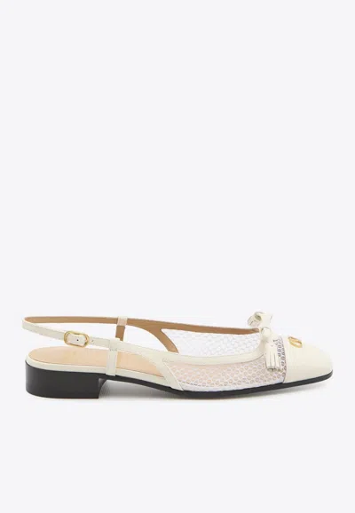 Valentino Garavani Valet Du Roi Tasseled Leather And Mesh Slingback Ballet Flats In White