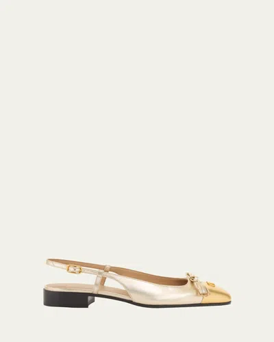 VALENTINO GARAVANI VALET DU ROI VLOGO METALLIC LEATHER SLINGBACK BALLERINA FLATS