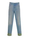 Valentino Medium Blue Jeans With Green Embroidery, Straight Leg, High Waist In Azul