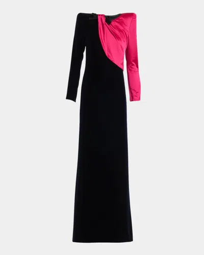 VALENTINO VELVET AND SATIN STRONG-SHOULDER GOWN