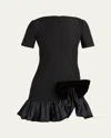 Valentino Velvet Bow Ruffle Short-sleeve Mini Dress In Black