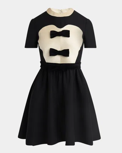 VALENTINO VELVET BOW SHORT-SLEEVE BI-COLOR CREPE MINI DRESS