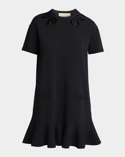 Valentino Velvet Bow Short-sleeve Knit Mini Dress In Black