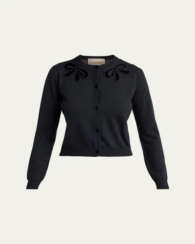 Valentino Velvet Bow Wool Crewneck Cardigan In Black