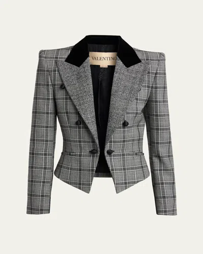 Valentino Velvet-trim Check Double-breasted Jacket In Gray