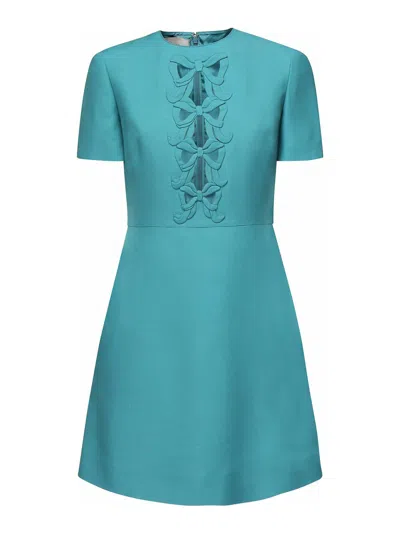 Valentino Wool Blend Dress Embroidered Detail In Blue
