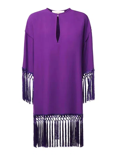 Valentino Fringed Keyhole Neckline Mid-length Sleeves Dress In Purple