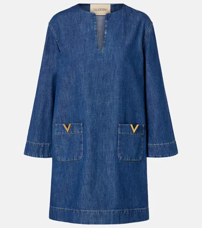 Valentino Vlogo Signature Denim Dress Three Quarter Sleeves In Blue