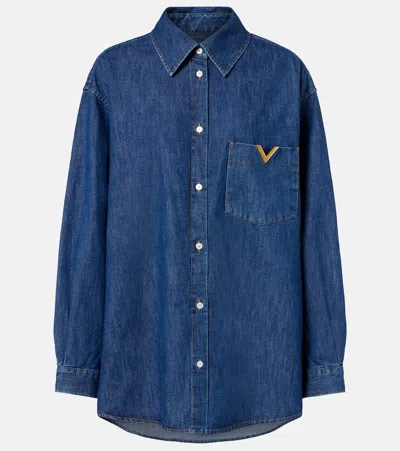 Valentino Long Sleeve Collared Shirt Nylon Silk Pocket In Blue