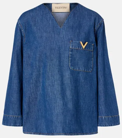 Valentino Denim Blouse With V Gold Detail In Blue