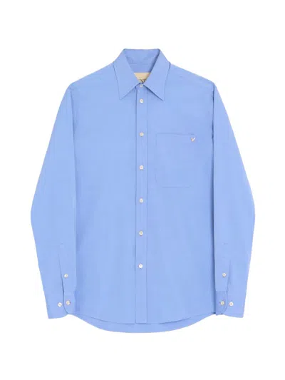 Valentino Vgold Cotton Shirt Point Collar Cuffs Pocket In Blue