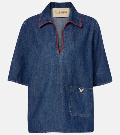 Valentino Garavani V-neck Cotton Shirt With Front Pocket And Metal Logo In Multi