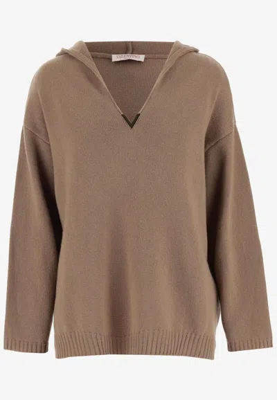 Valentino Vgold Knitted Cashmere Sweater With Hood In Beige