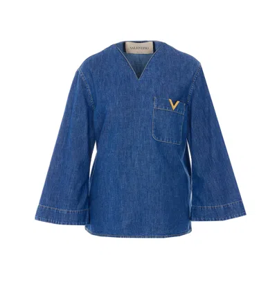 Valentino Vgold Logo Denim Shirt In Blue