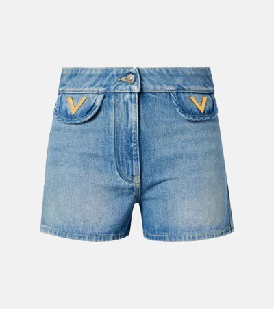 Valentino Vgold Mid-rise Denim Shorts In Blue