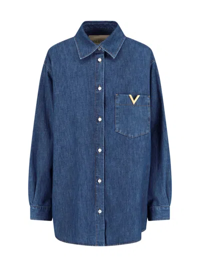 Valentino Long Sleeve Collared Shirt Nylon Silk Pocket In Blue