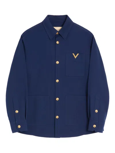 Valentino Cotton Gabardine Shirt Jacket With Vgold In Blue