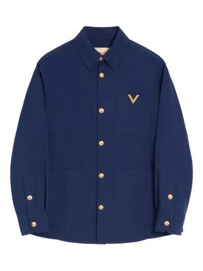 Valentino Cotton Gabardine Shirt Jacket With Vgold In Blue